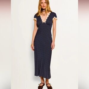 NWT Commense Navy and White Polka Dot Lace Trim V-Neck Dress